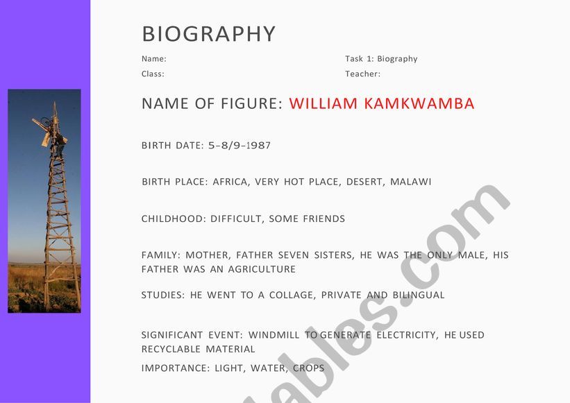 William Kamkwamba worksheet