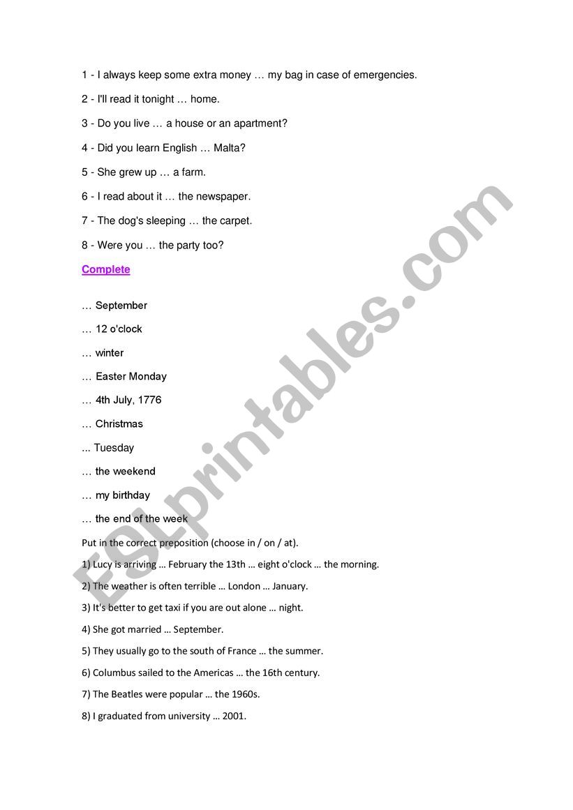 Exercises prepositions (IN - ON - AT)