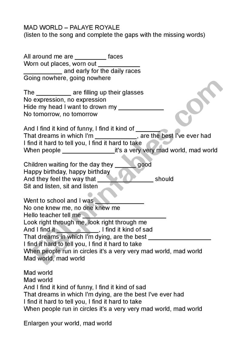 Mad world - palaye Royale  worksheet