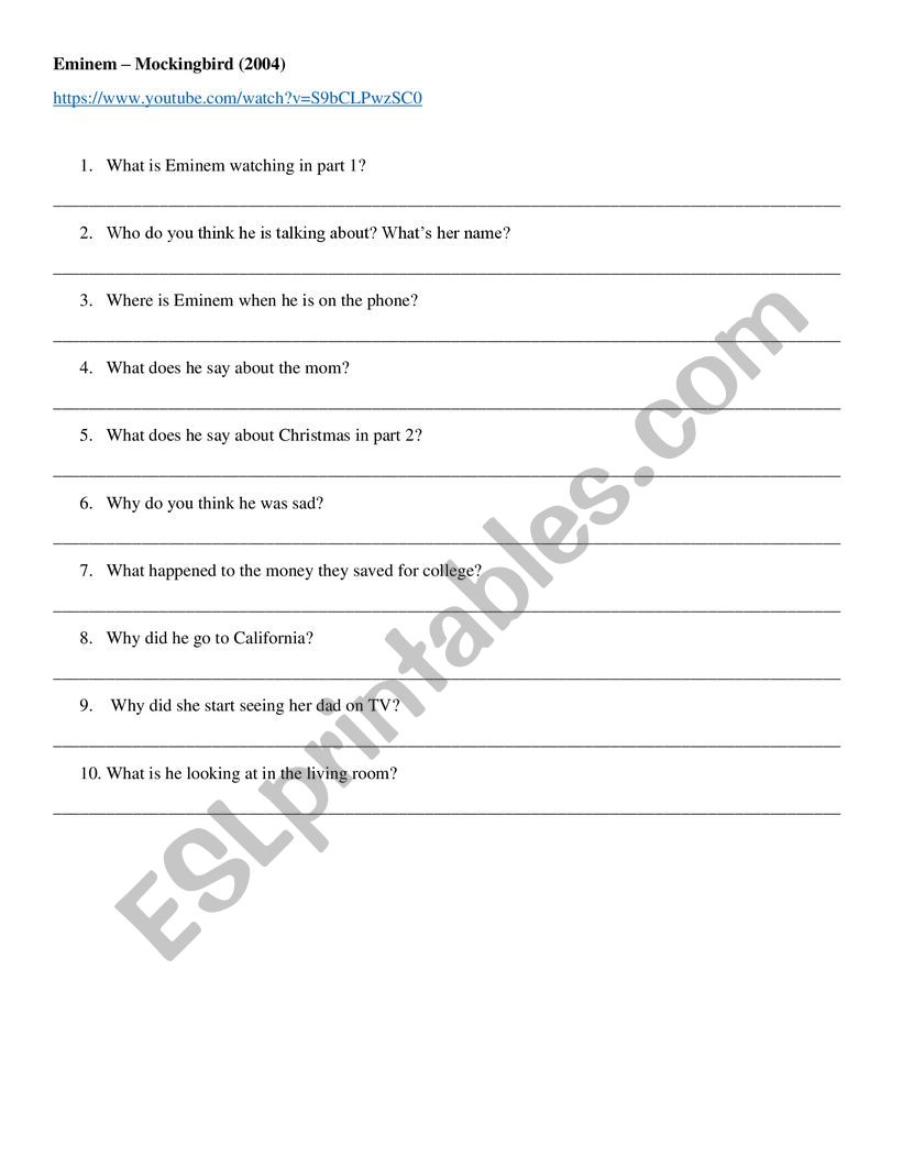 family vocabulary eminem mockingbird - ESL worksheet by Lizzie142