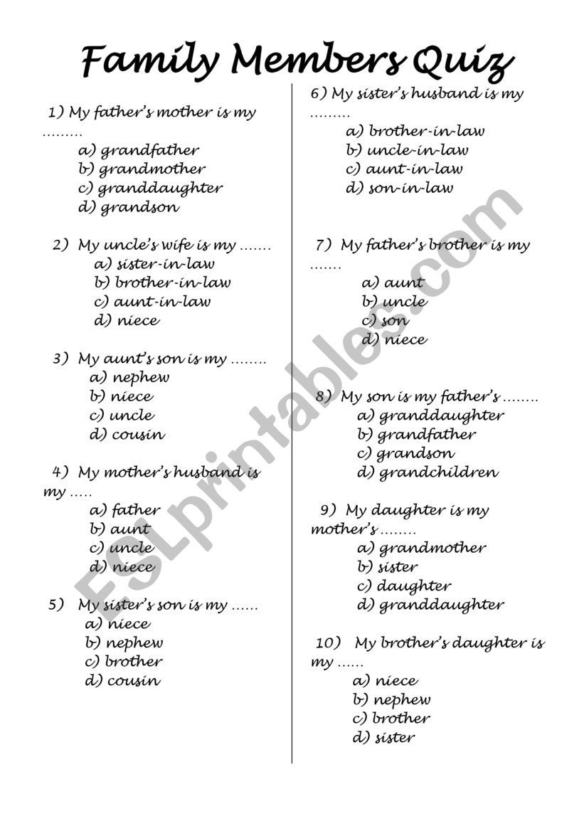 Family Members Quiz worksheet