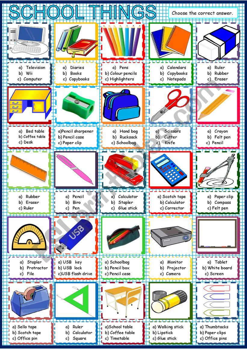 School things multiple choice worksheet