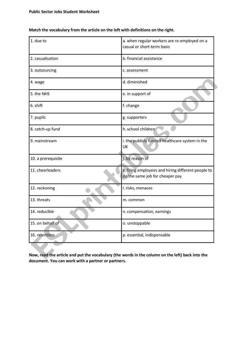 Public Sector Jobs Worksheet  worksheet