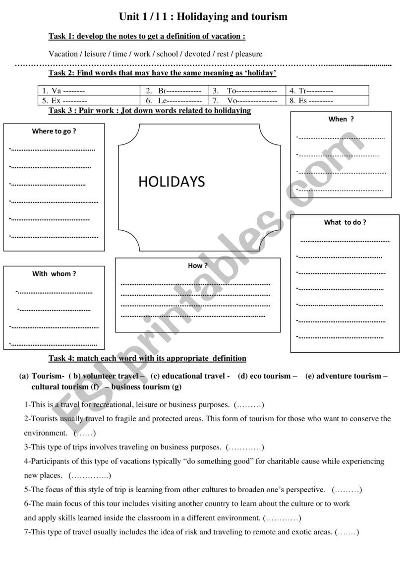 Holidaying worksheet