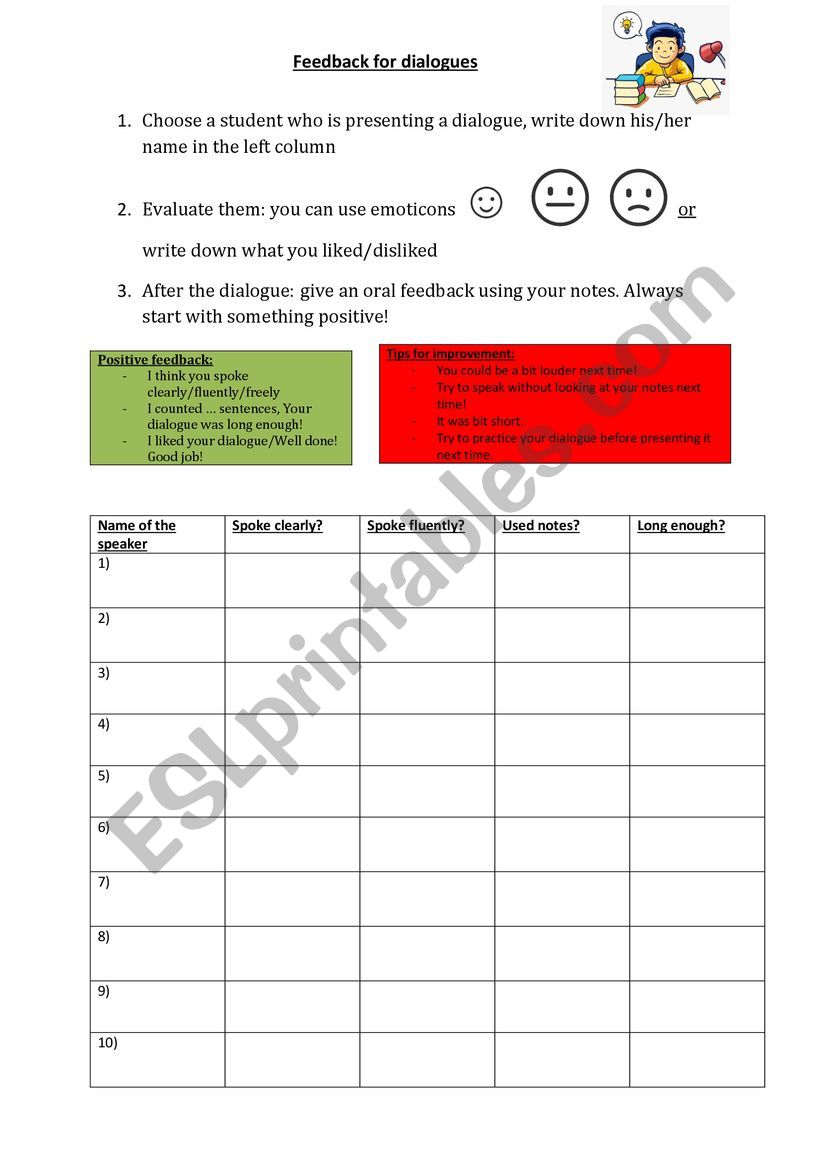 Giving feedback: dialogues worksheet