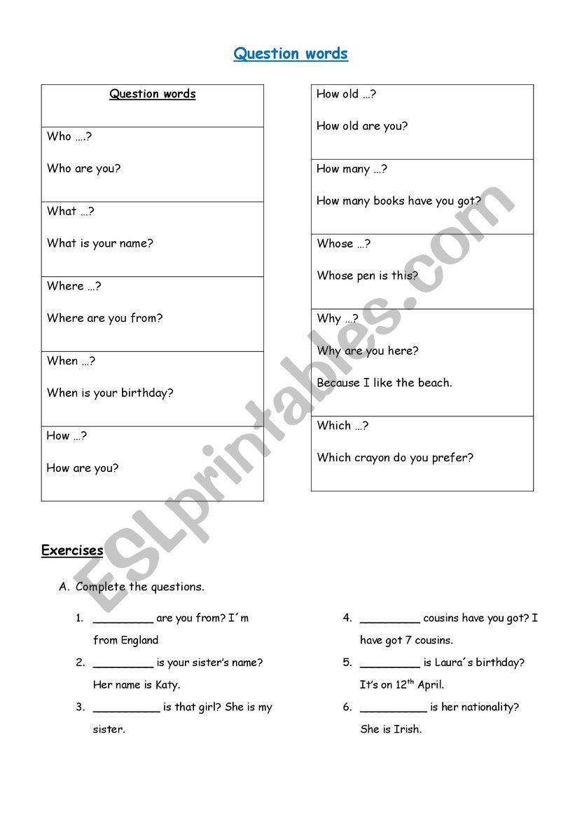 Question Words worksheet