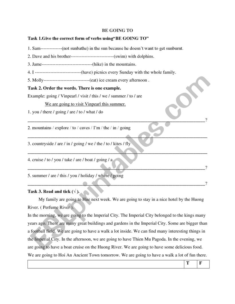Be going to worksheet