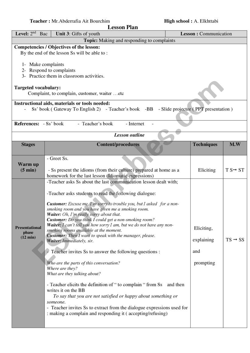 communication, complaints worksheet