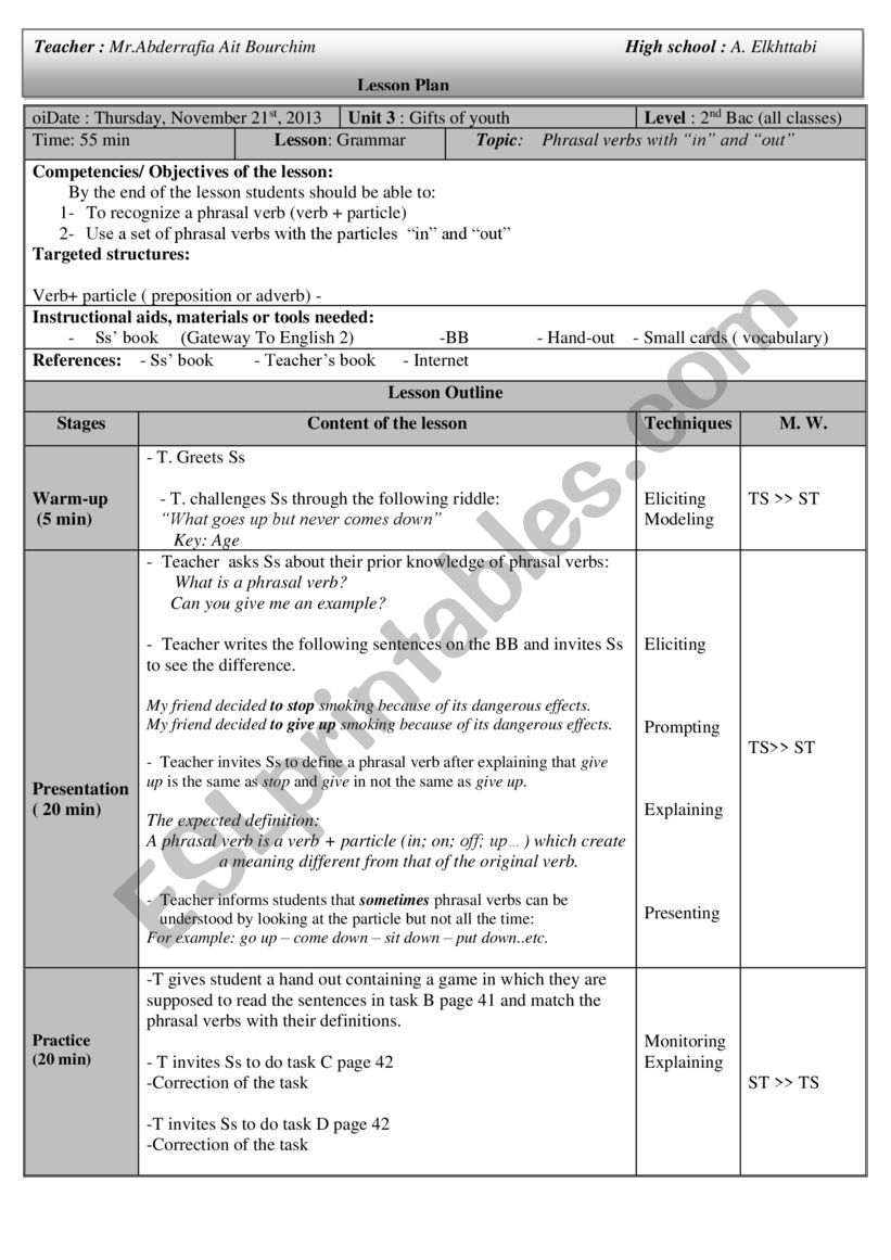 Phrasal verbs with “in” and “out” - ESL worksheet by vitality