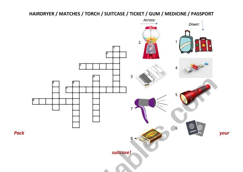 Crossword on useful things for vacation. Picture of a suitcase to fill