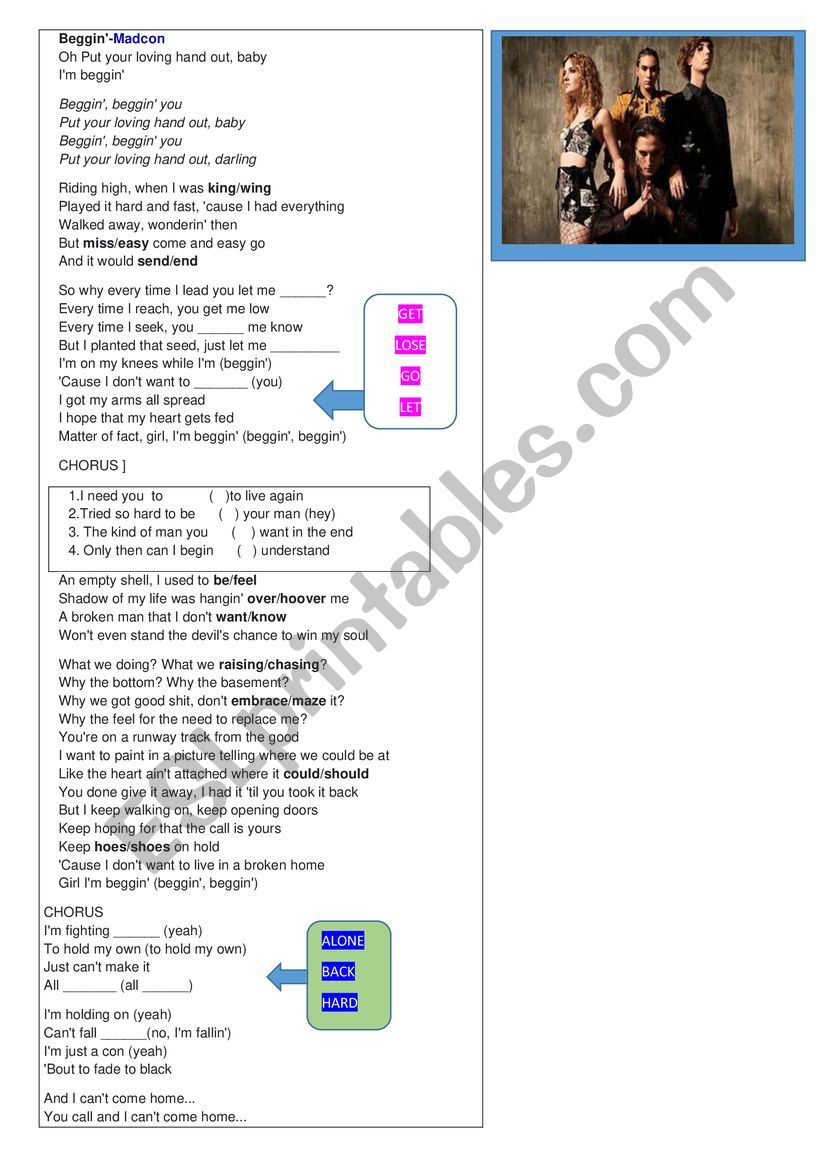 Song Beggin� worksheet