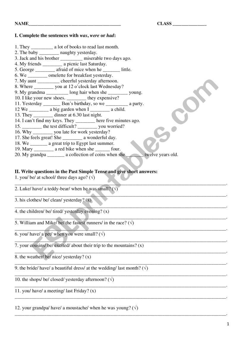 was/ were and had worksheet