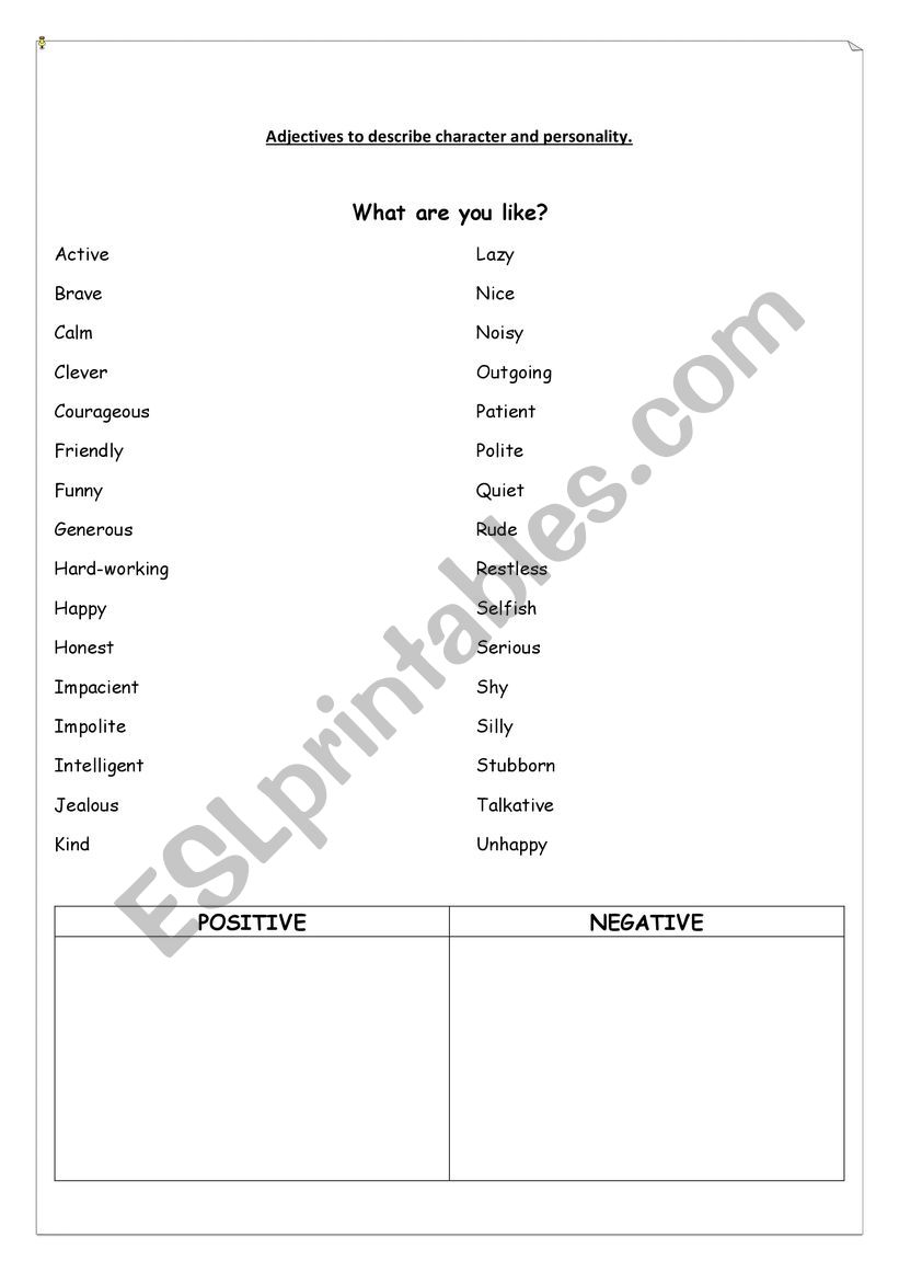 Character adjectives worksheet