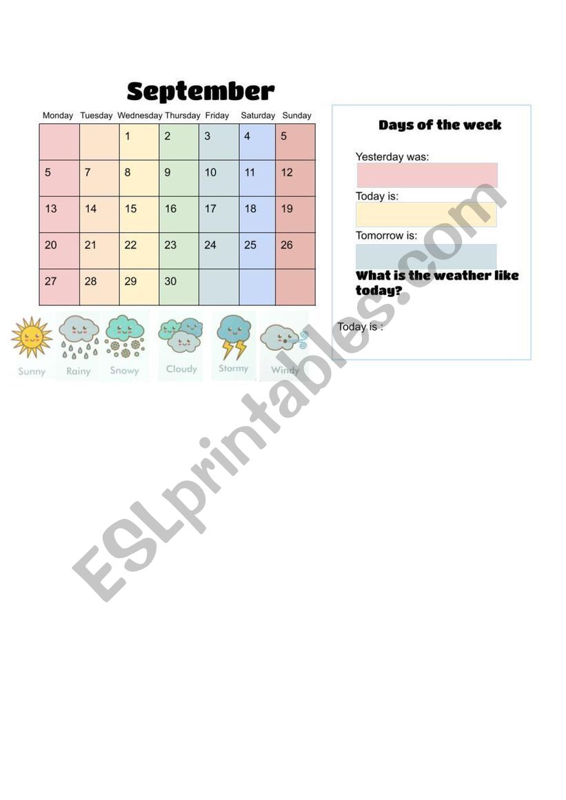September calendar  worksheet