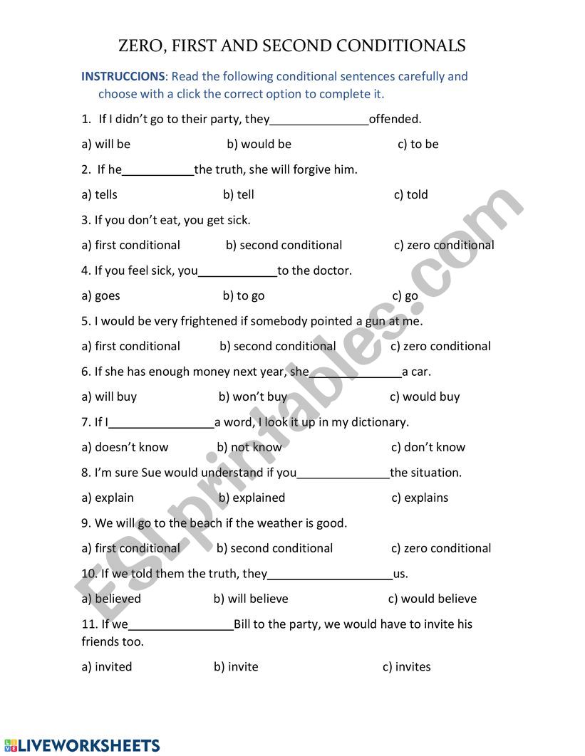 conditionals test worksheet