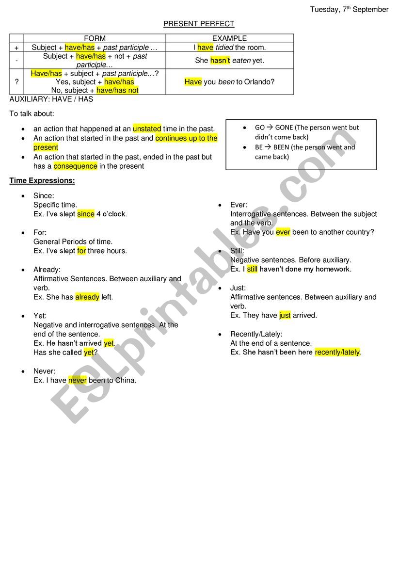 Present Perfect worksheet