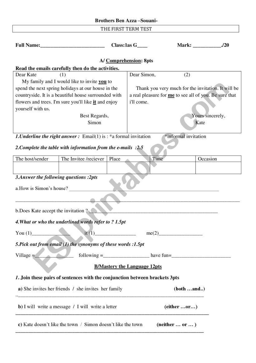 English test  worksheet