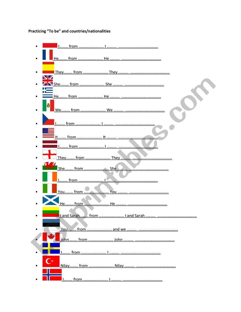 to be and nationalities worksheet