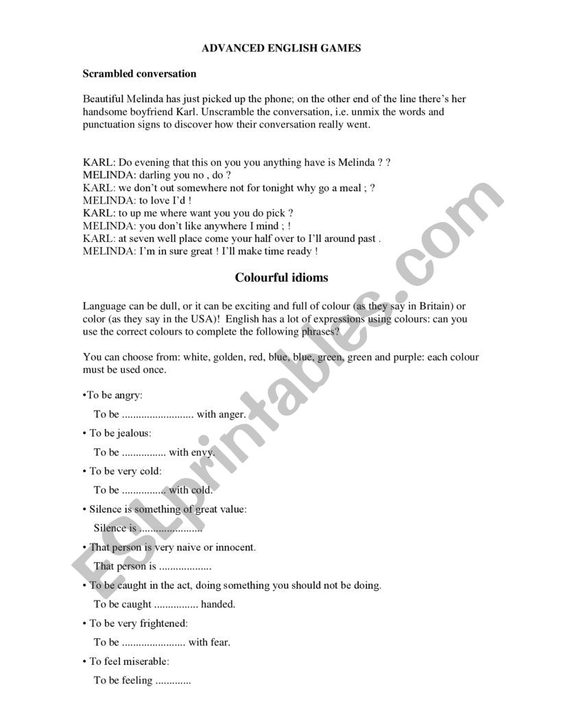 ESL advanced games  worksheet