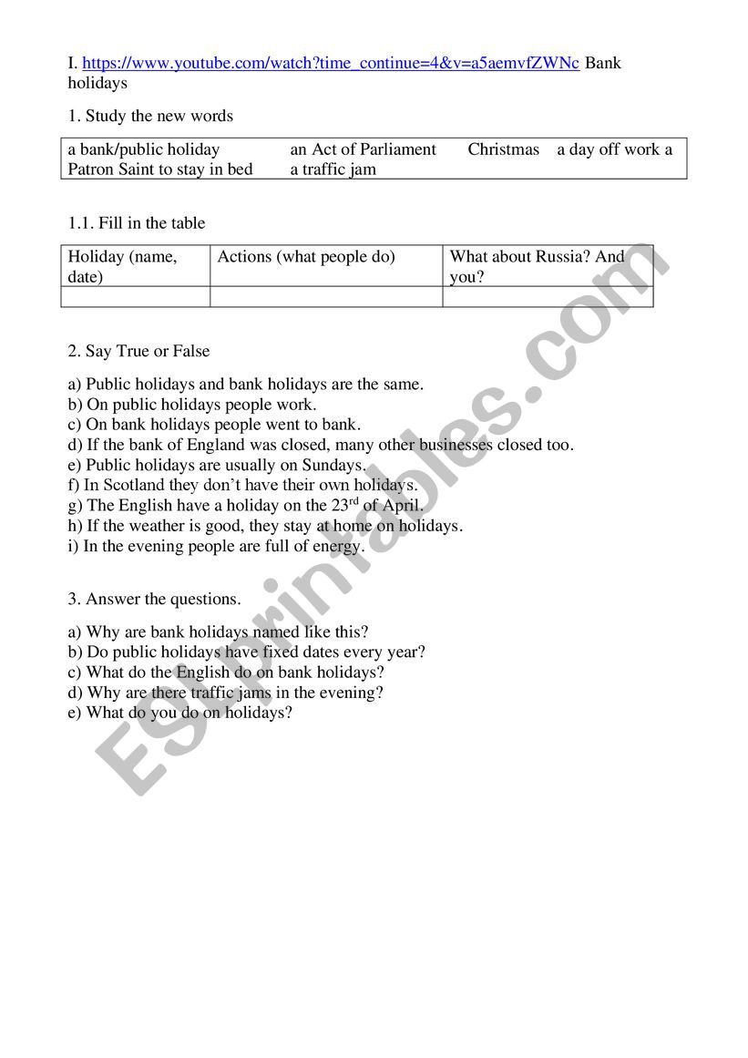 Holidays videos worksheet