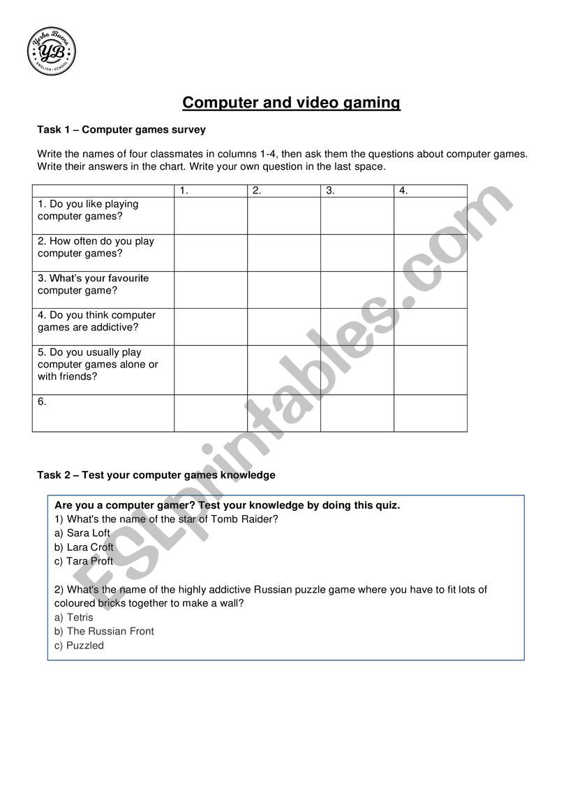 Computer gaming  worksheet
