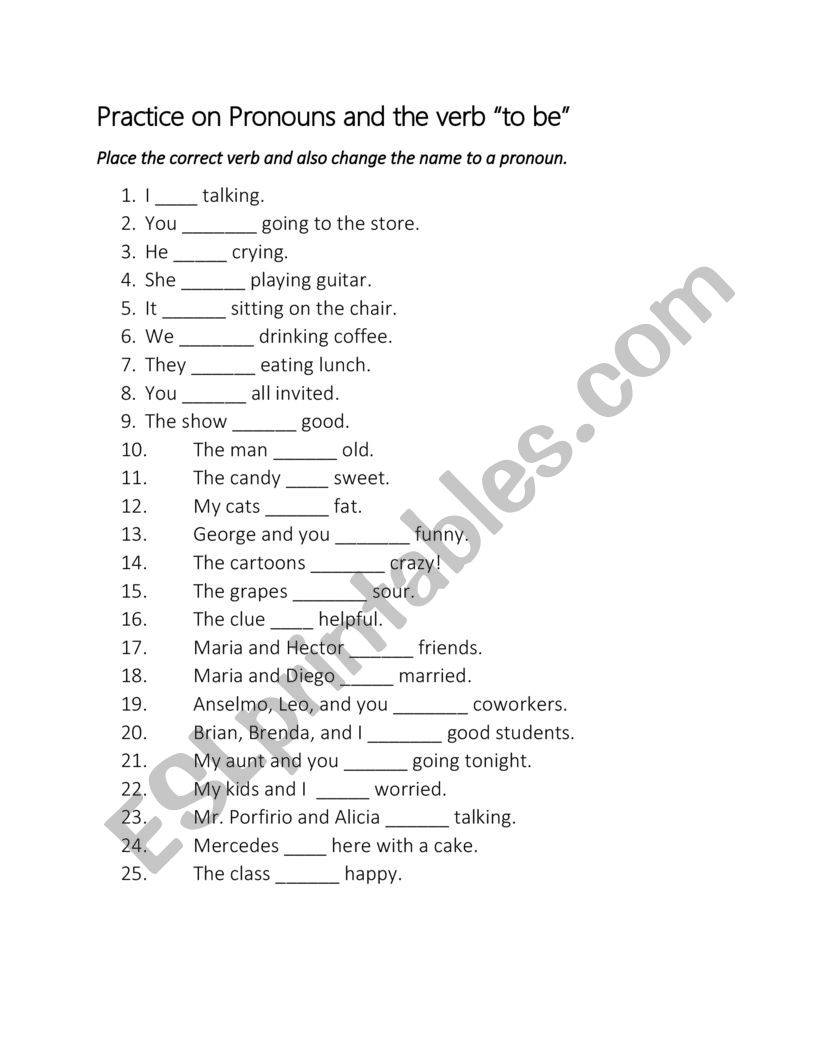 Pronouns and verb to be worksheet