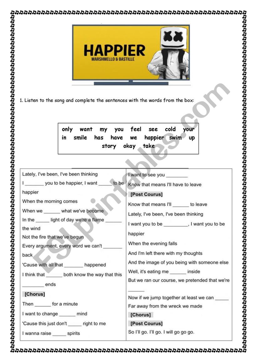HAPPIER SONG WORKSHEET worksheet
