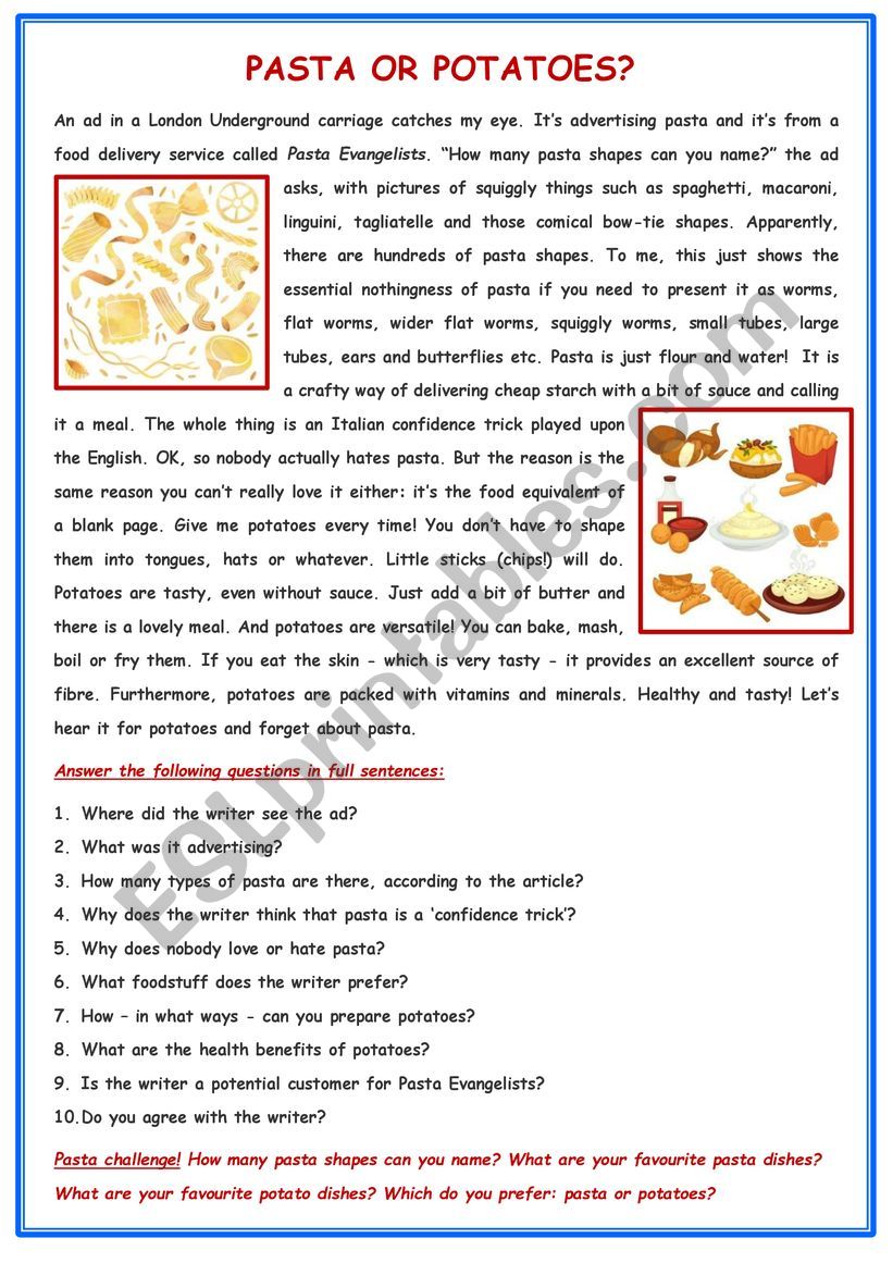 Pasta or potatoes? worksheet