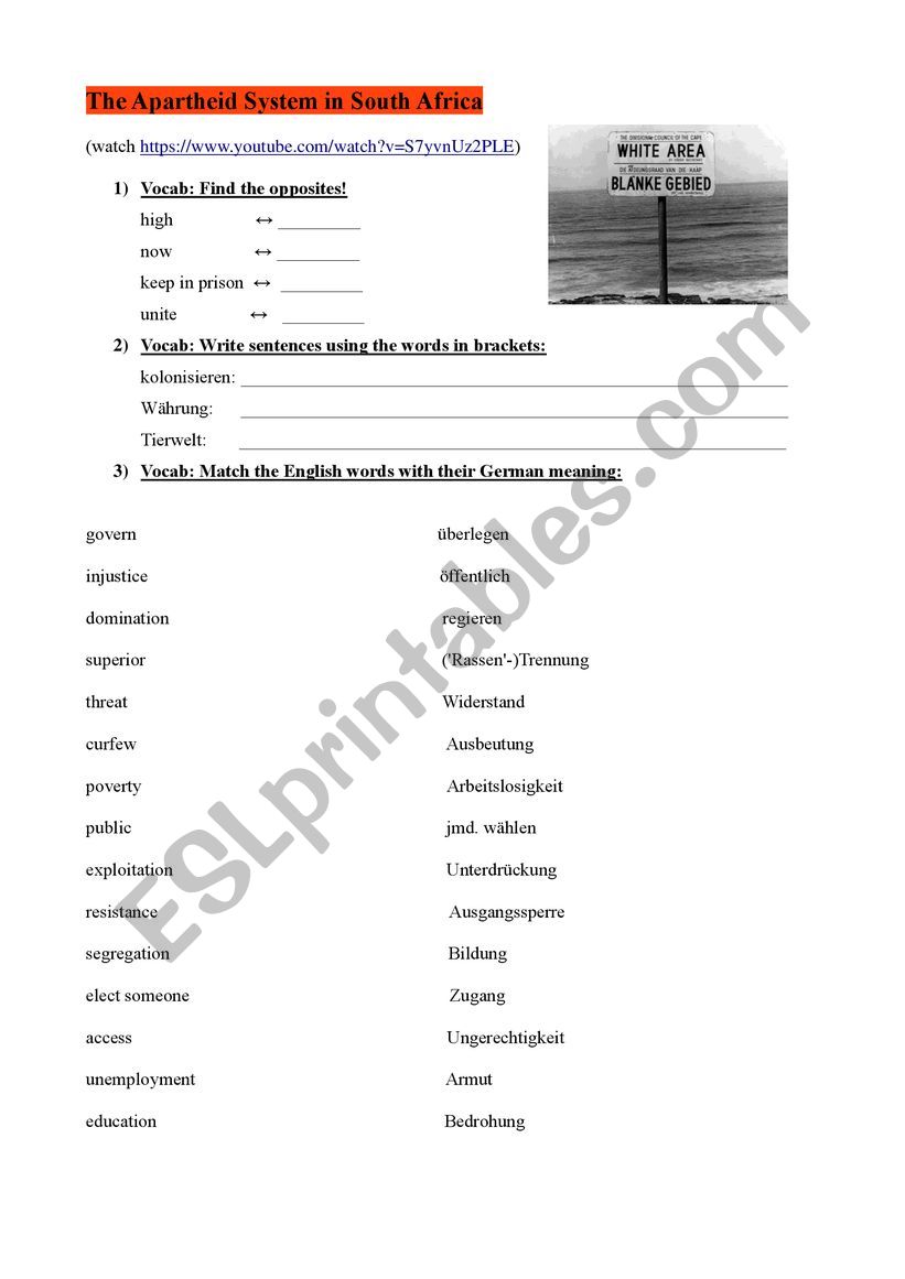 Apardheid Explained worksheet