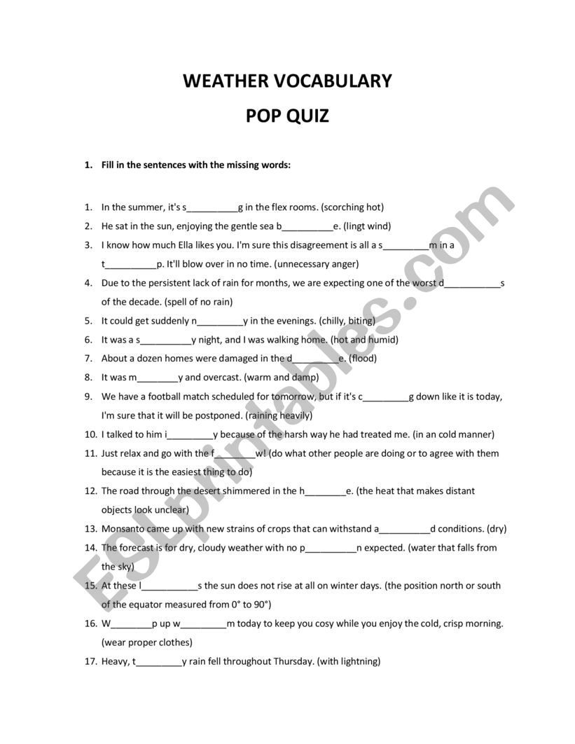 Weather vocabulary revision worksheet