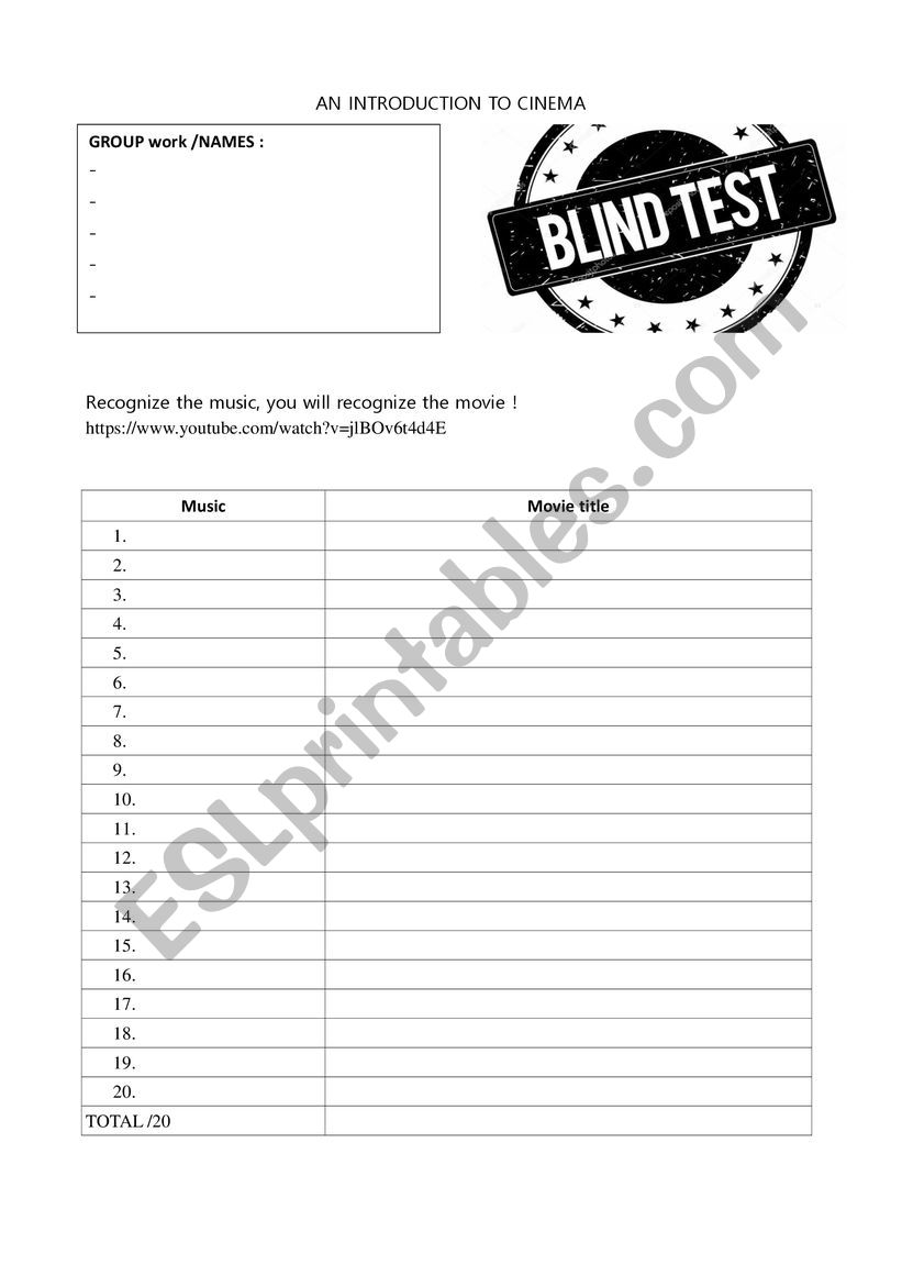 Blind test Film music worksheet