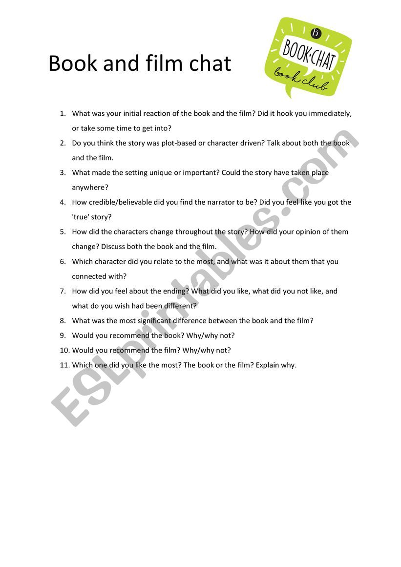 Book and film chat worksheet