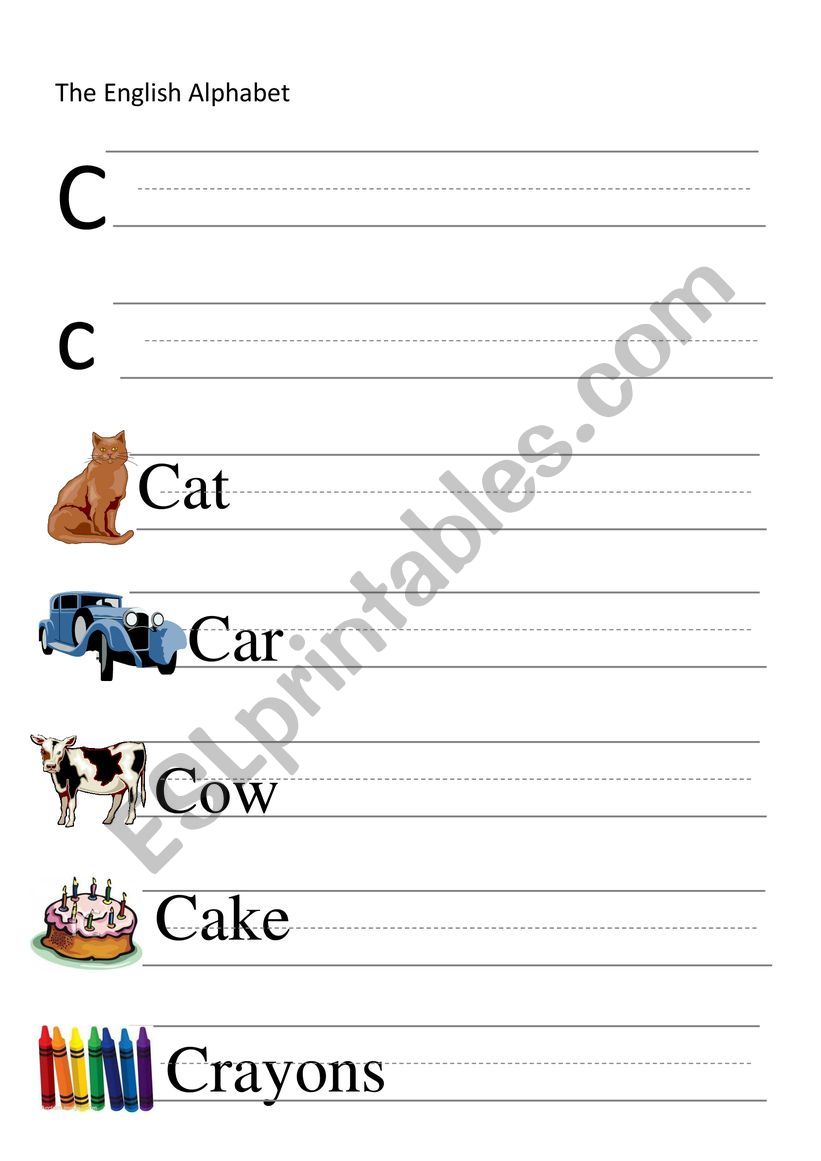C-letter and words writing worksheet
