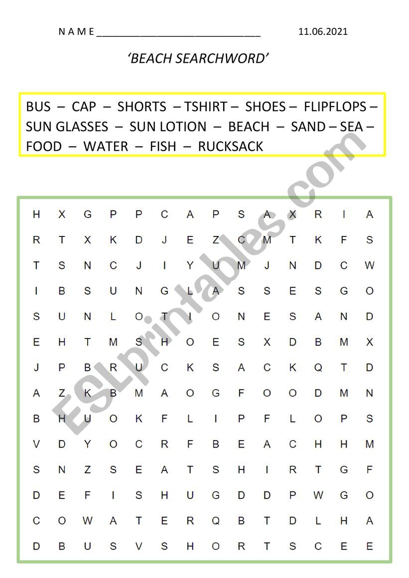 beach searchword worksheet