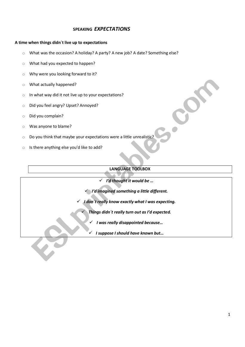 Speaking about EXPECTATIONS worksheet