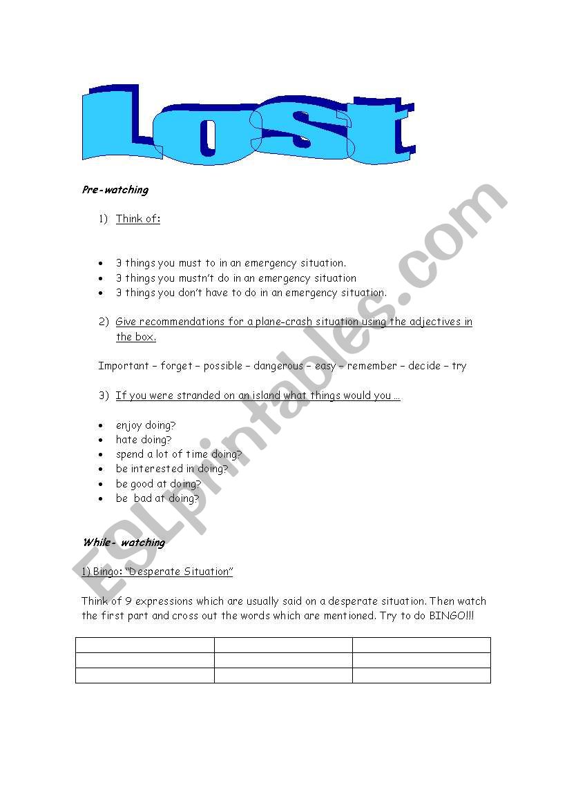 video lost worksheet