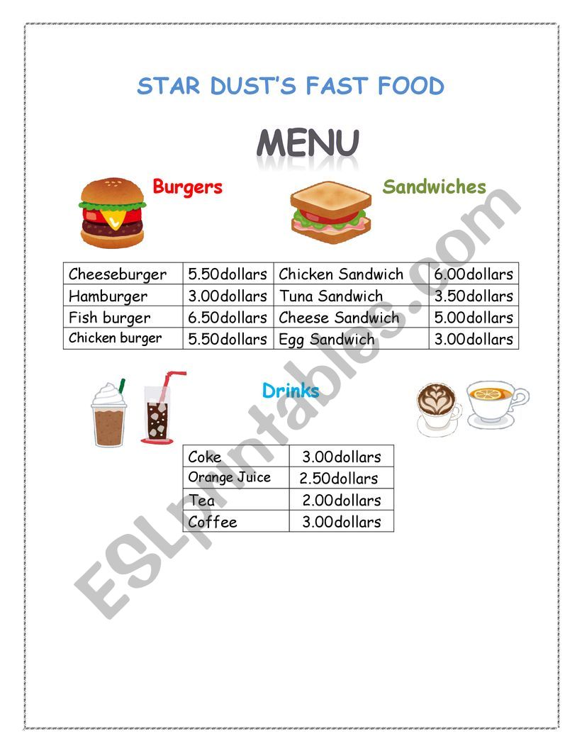 fast food menu  worksheet