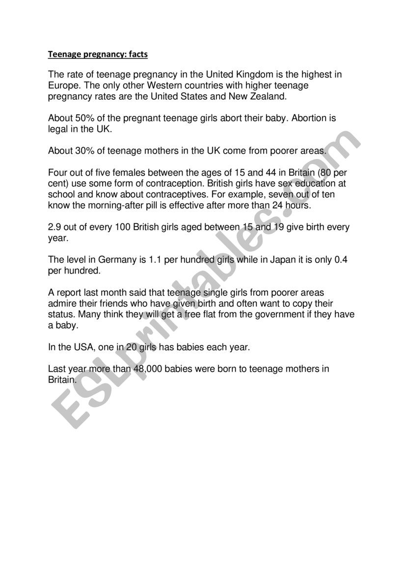Facts about teenage pregnancy worksheet