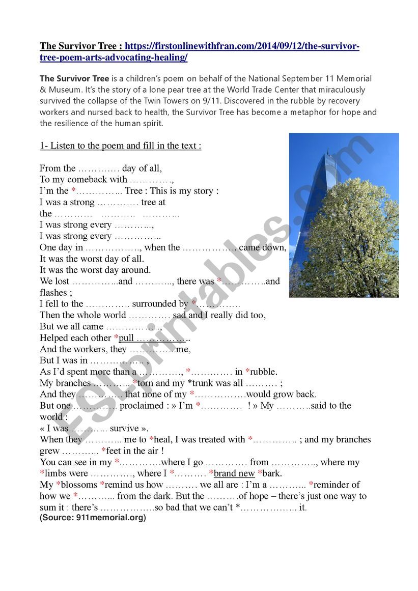 911 the Survivor Tree worksheet