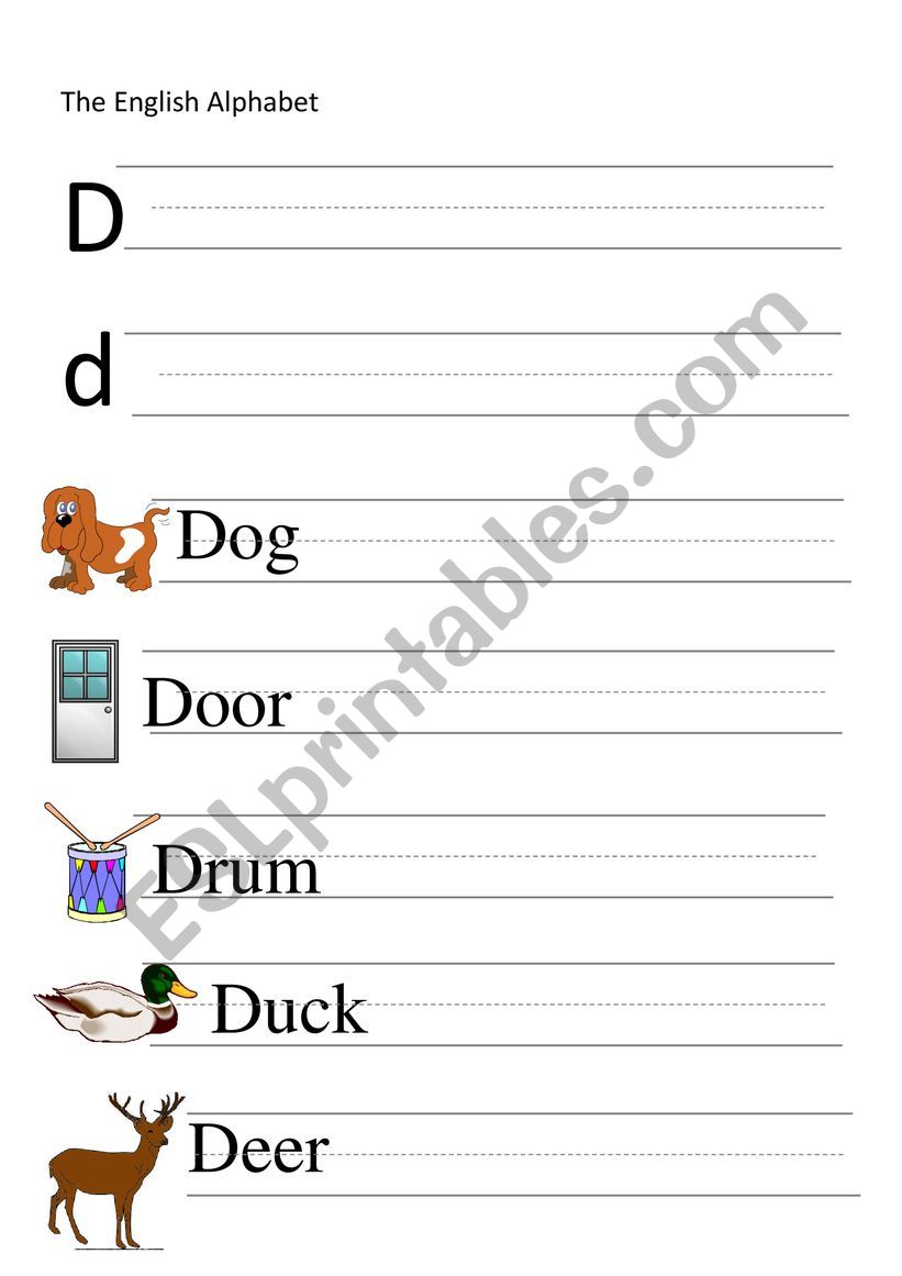D-letter and words writing worksheet