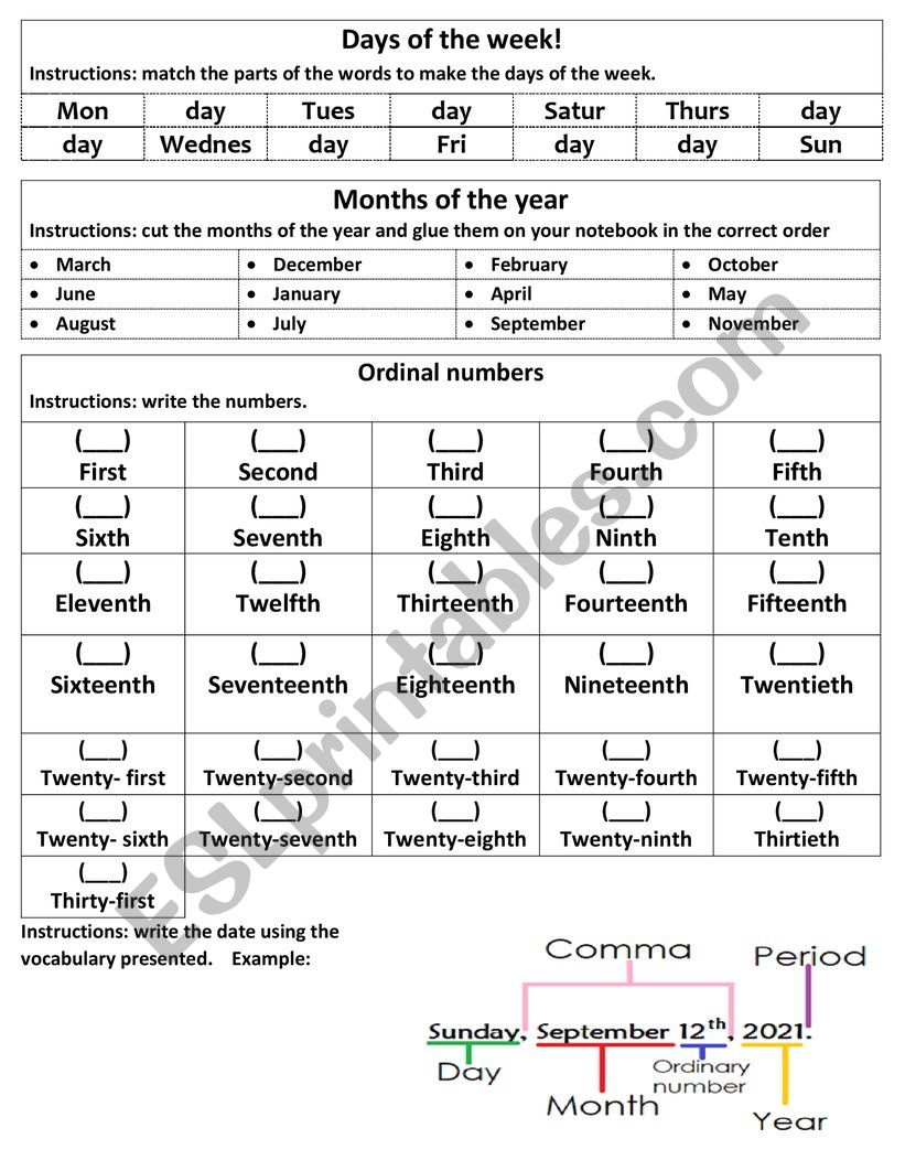 Vocabulary to write a date worksheet