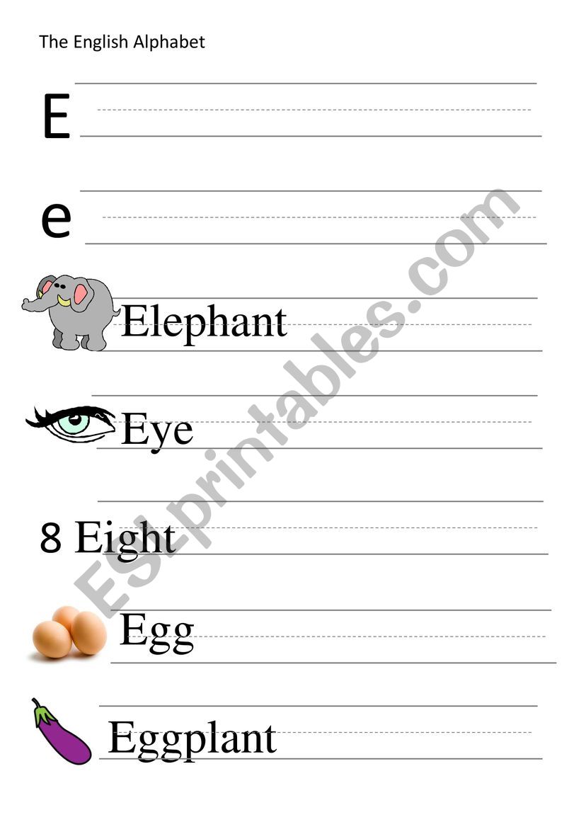 E-letter and words writing worksheet