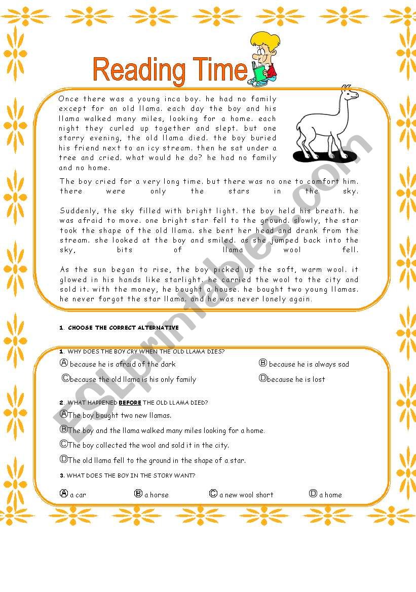 READING INCA BOY worksheet