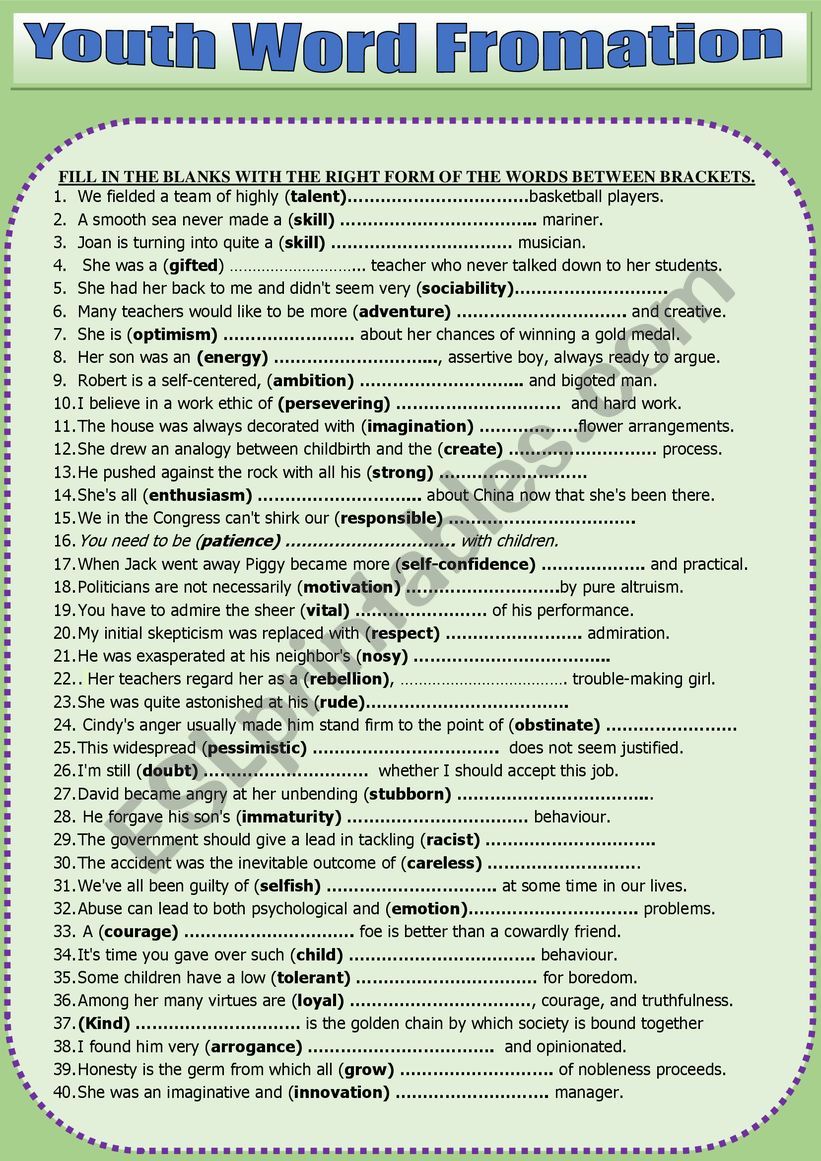 YOUTH VOCABULARY/ WORD FORMATION