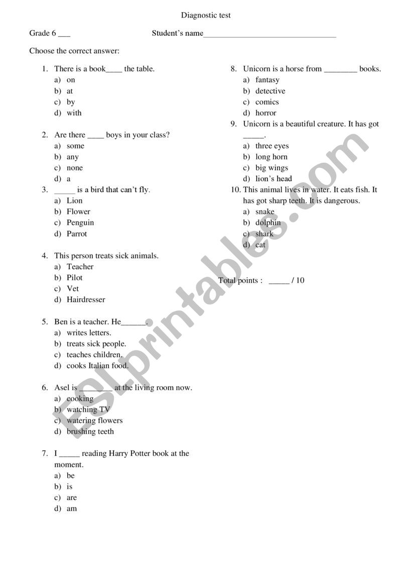 Tset for 6 grade worksheet