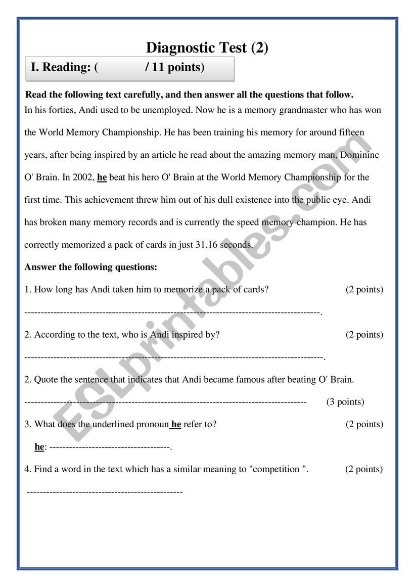 Diagnostic Test 2 worksheet