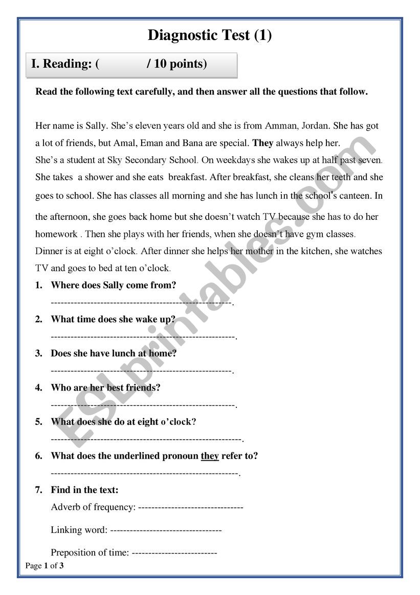 Diagnostic Test 1 worksheet