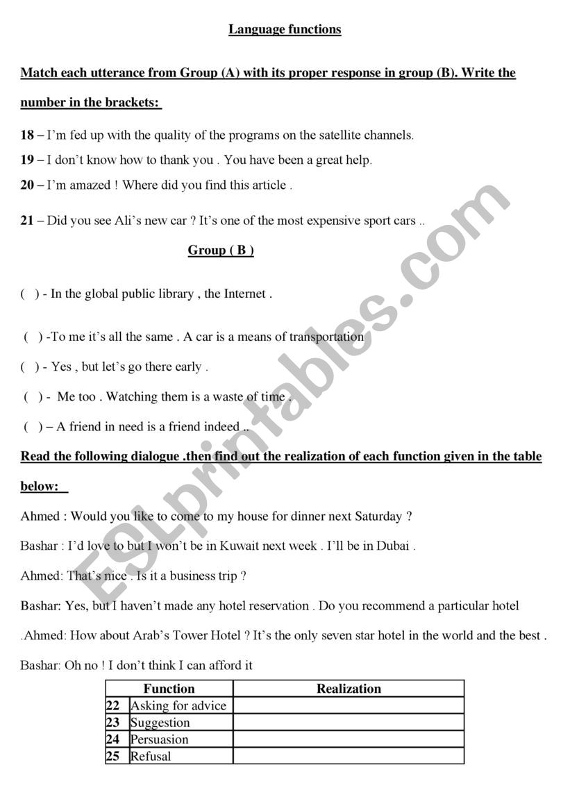 Language Functions worksheet