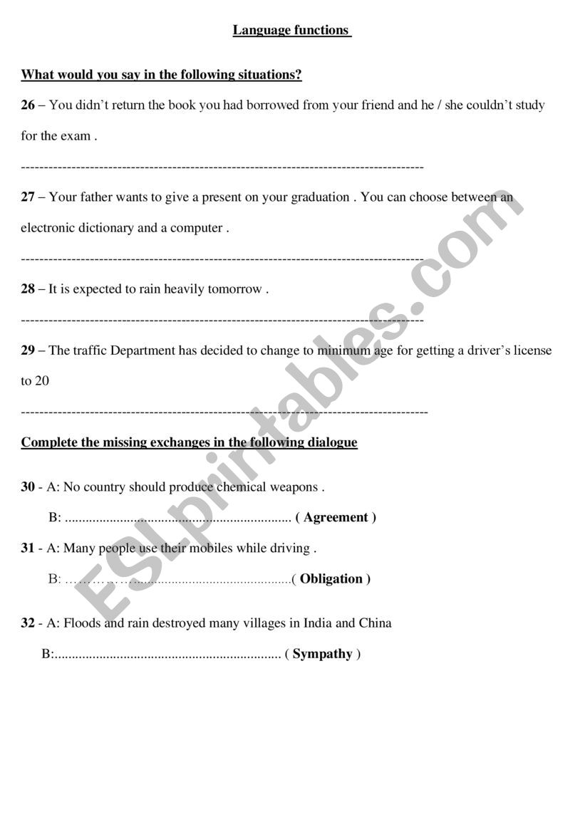 Language Functions worksheet