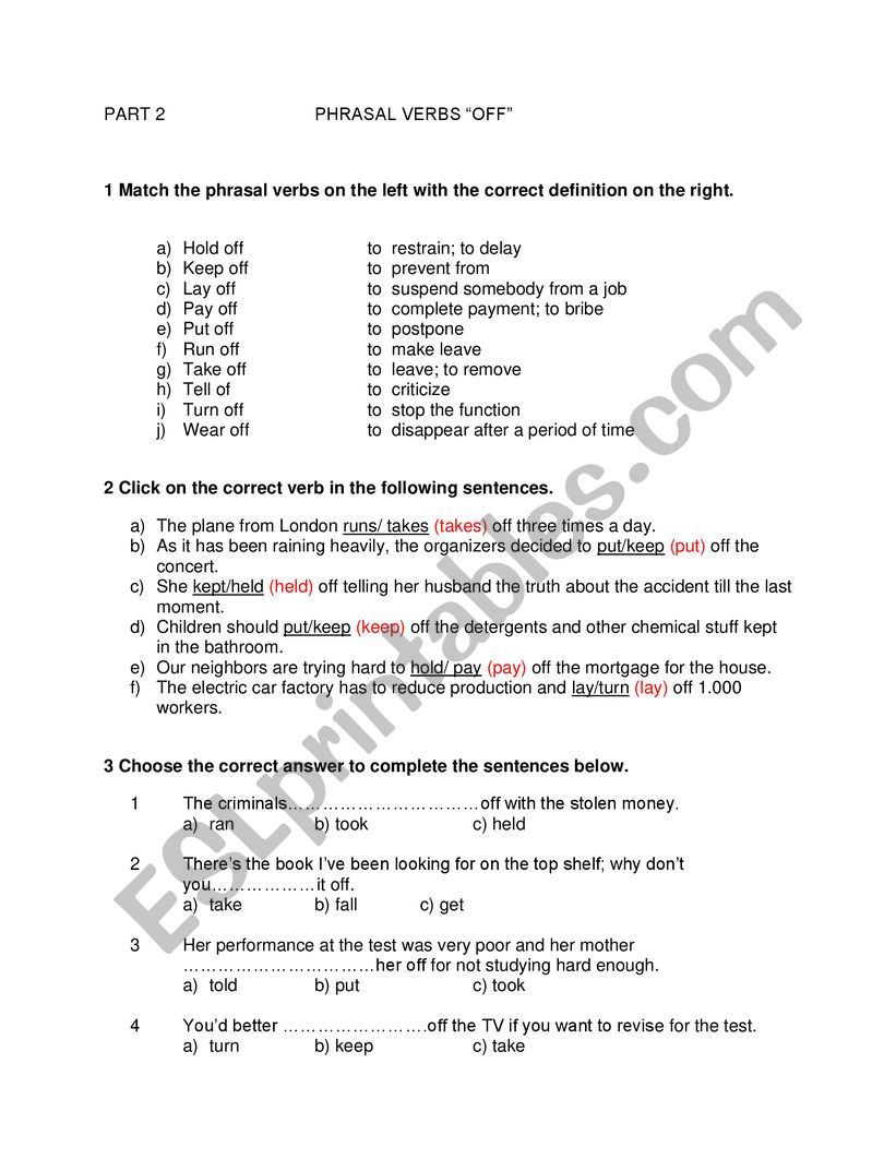 Phrasal verbs with off worksheet